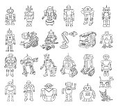 Robots doodles set vector illustration.