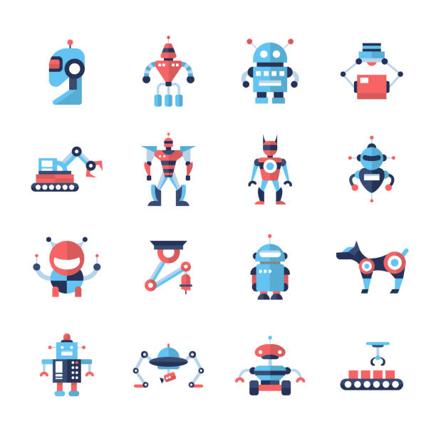 Robots - flat design icons set Robots - set of modern vector flat design icons and pictograms. Household, pet, transformer robots robot stock illustrations