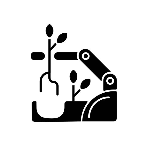 ilustrações de stock, clip art, desenhos animados e ícones de robots for planting black glyph icon - technology picking agriculture