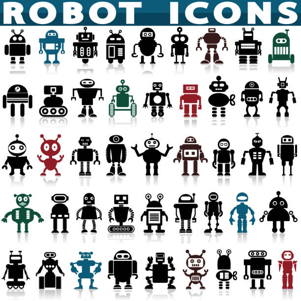 Robots vector cartoon Robots vector cartoon robotic kids toy cute character monster or transformer cyborg robotics transform. robot icons stock illustrations