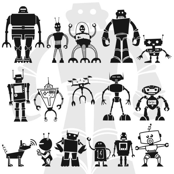robots vector set robots vector set isolated on white background robot silhouettes stock illustrations