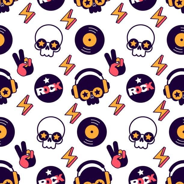 rock and roll seamless vector pattern with skulls vector art illustration