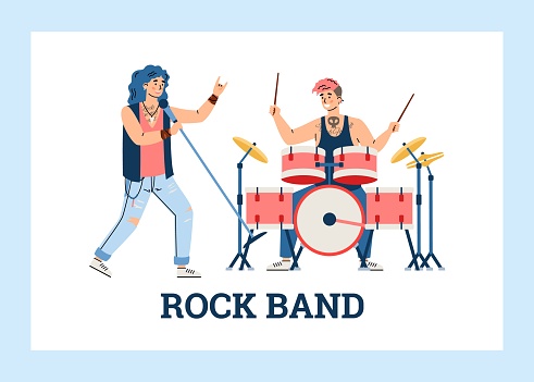 Rock band musicians performing on stage, flat cartoon vector illustration.