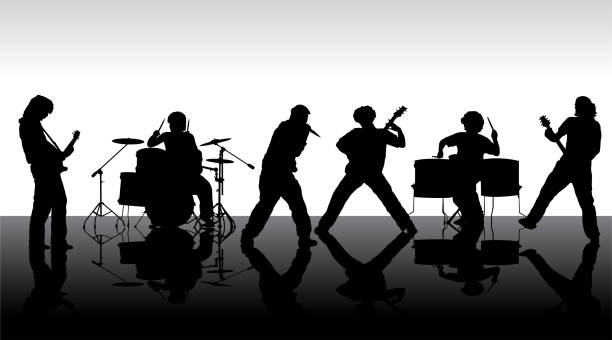 Rock band silhouette on stage Rock band silhouette on stage. Vector illustration music silhouettes stock illustrations