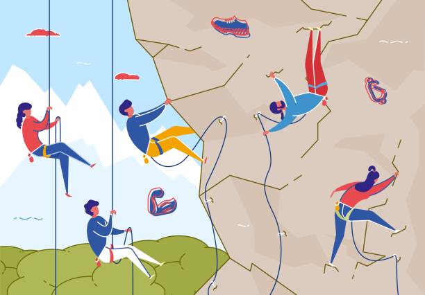Rock Climbing with Equipment, Extreme Sport Flat. Rock Climbing for Friends and Family Flat Cartoon Vector Illustration. Woman and Man on Bouldering Wall with Equipment. Summertime Activities, Healthy Lifestyle. Extreme Outdoor Sport. mountain climber exercise stock illustrations