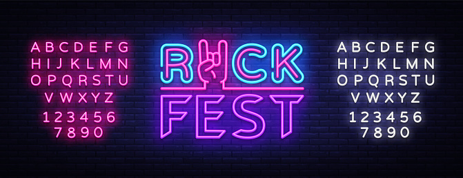 Rock Fest logo in neon style. Rock Festival neon night sign, design template vector illustration for Rock Festival, Concert, Live music, Light banner. Vector illustration. Editing text neon sign. vector