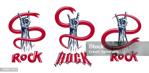 istock Rock hand sign with aggressive snake set, hot music Rock and Roll gesture and serpent, Hard Rock festival concert or club, vector labels emblems or logos, musical instruments shop. 1398871833