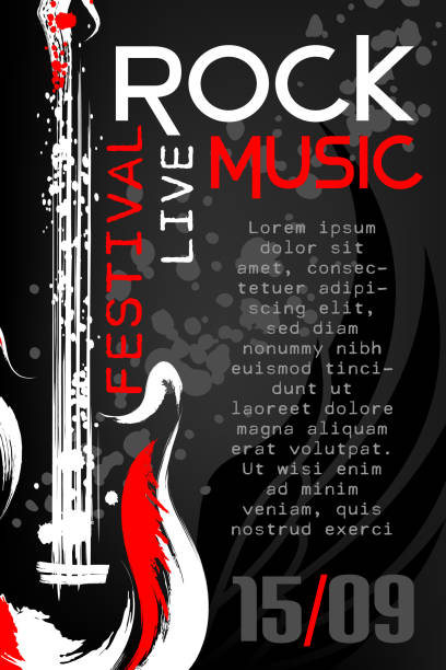 Rock music festival poster template. Vertical banner with rock guitar in grunge style and paint splashes. Rock music festival poster template. Vertical banner with rock guitar in grunge style and paint splashes. guitar backgrounds stock illustrations