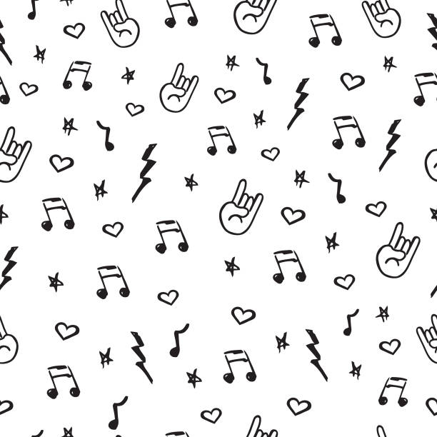 Rock music seamless pattern Rock music vector seamless pattern in doodle style guitar patterns stock illustrations