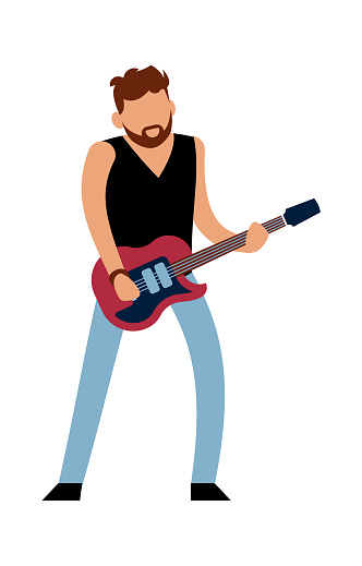 Rock or pop musician. Cartoon male guitarist character in jeans with red electric guitar plays melody, music show entertainment and hobby concept vector cartoon isolated illustration