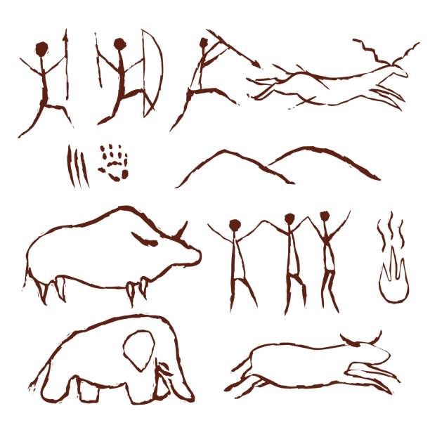 Rock painting cave old art symbol hand drawn vector illustration Rock painting cave old art symbol hand drawn vector illustration. Prehistoric animal and traditional primitive people hunting ornament isolated on white background ancient civilization stock illustrations