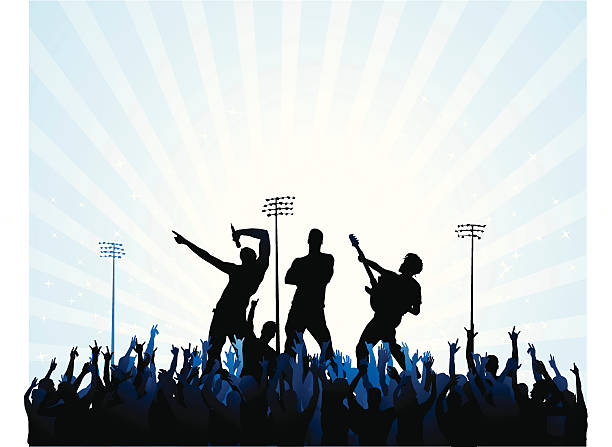 Rock stars The party time series goes on tour with mega rock stars playing at sold out arenas to capacity crowds. All layers except the white stars share the same gradient for easy color switching. music silhouettes stock illustrations