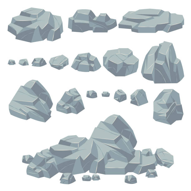 바위 돌입니다. 천연 석조 바위, 거대한 바위. 산의 풍경을위한 화강암 자갈 절벽과 돌 더미. 만화 벡터 세트 - 바위 stock illustrations