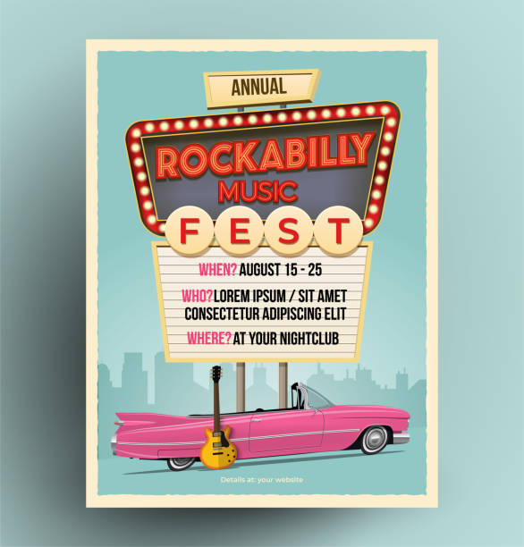 Rockabilly music festival or party or concert promo poster. Rockabilly music festival or party or concert promo poster. Flyer template. Vintage styled vector illustration. pin up girl stock illustrations