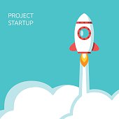 Rocket flying above clouds in turquoise blue sky. Startup, development, project launch, start, business, success, growth concept. EPS 8 vector illustration, no transparency
