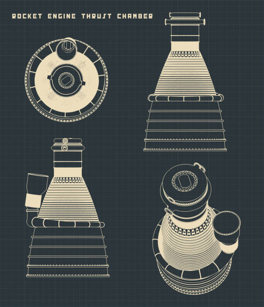 Rocket engine thrust chamber drawings Stylized vector illustration of rocket engine thrust chamber drawings rocketship designs stock illustrations