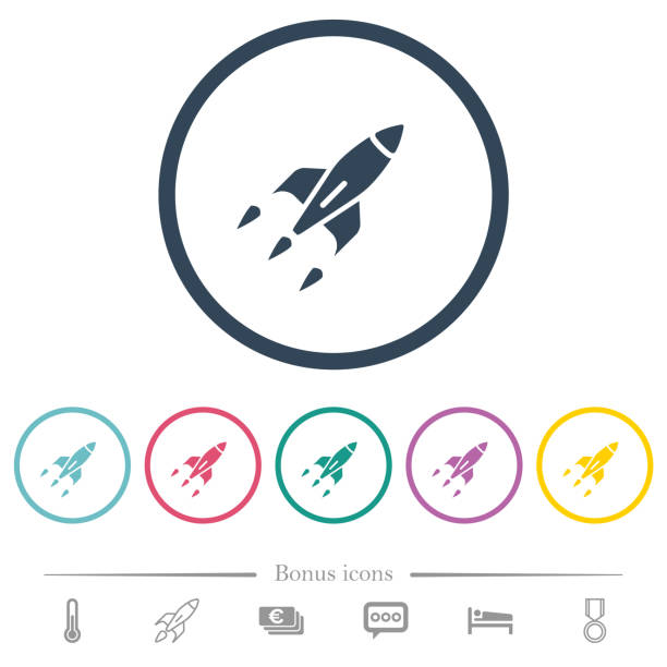 ilustrações de stock, clip art, desenhos animados e ícones de rocket flat color icons in round outlines - notas euros voar
