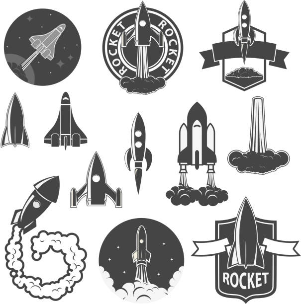 rocket labels set. Set of the vector rockets labels. Spaceships silhouettes collection. Label and emblem design template. Vectordesign elements. rocketship silhouettes stock illustrations