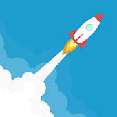 Rocket ship launch. Start Up background. Concept of business product on a market or startup. Creative idea, rocketship template in flat style. Vector illustration EPS 10.
