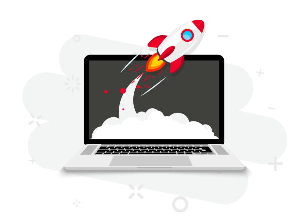 노트북 화면에서 로켓 발사. 로켓 이륙. 비즈니스 스타트업, 신제품 또는 서비스 출시. 성공적인 스타트업 이 새로운 비즈니스 프로젝트를 시작합니다. 창의적이거나 혁신적인 아이디어. 로켓 � - website stock illustrations