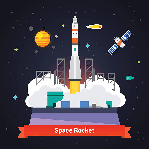 Rocket launch from spaceport pad Rocket launch from spaceport pad. Starry cosmos with satellite, comet and satellite. Flat vector illustration. spaceport stock illustrations