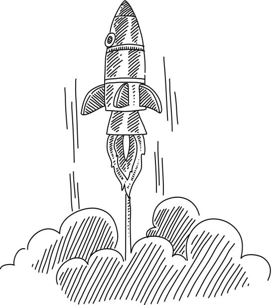 Rocket launch in Drawing Line drawing of Rocket launch. Elements are grouped.contains eps10 and high resolution jpeg. rocketship drawings stock illustrations