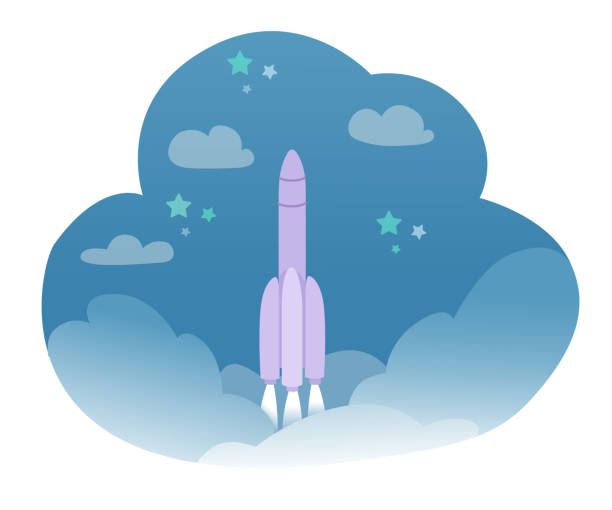 Rocket launch in starry sky among cloud. Kid dream. Spaceship start...