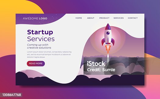 istock Rocket launch Startup concept Landing page template 1308647768