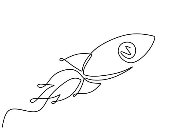 Rocket One line drawing. Spaceship concept vector minimalism style. Single sketch lineart. Rocket One line drawing. Spaceship concept vector minimalism style. Single sketch lineart. rocketship designs stock illustrations