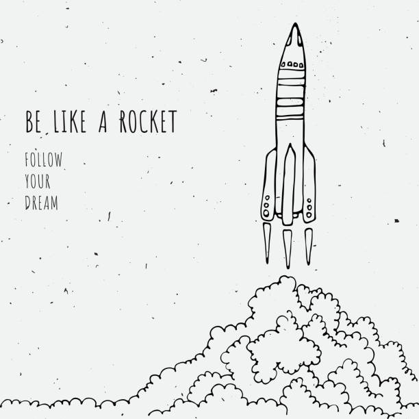 Rocket sketched vector illustration with clouds Rocket hand draw illustration, sketch with clouds and fire rocketship drawings stock illustrations