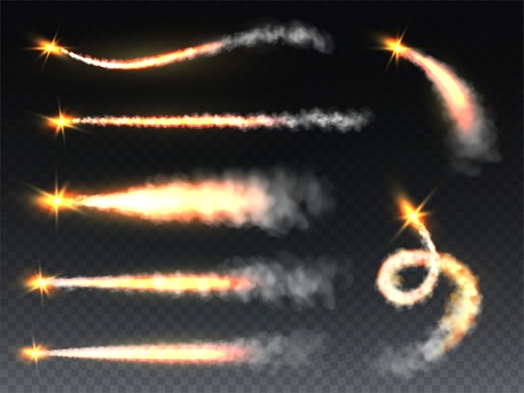 Rocket smoke. Trailing fume with flame jets, fiery foggy trails jet airplane. Missile, shuttle or spaceship contrails, falling comet or meteor steam realistic vector isolated set