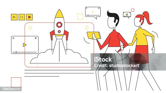 istock Rocket space with computer.Business people holding mobile phone 1360202727