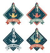 Rocket start in space vintage badge. Spaceship retro emblem. Vector illustration.