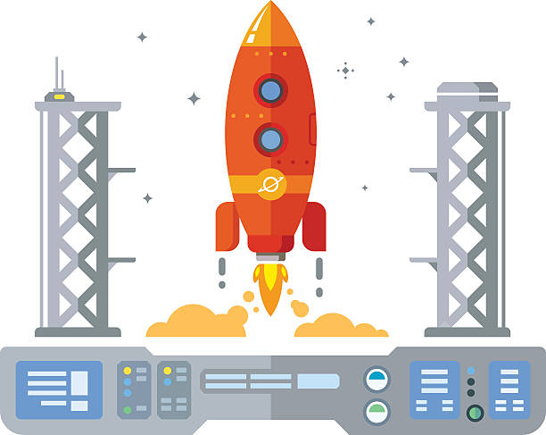 Rocket Startup Flat Desing Concept Rocket Startup Flat Desing Concept illustration in retro style spaceport stock illustrations