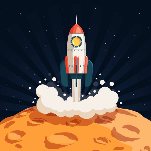 Rocket takes off from the surface of the moon Rocket takes off from the surface of the moon or another planet. Colored illustration in cartoon style. rocketship clipart stock illustrations