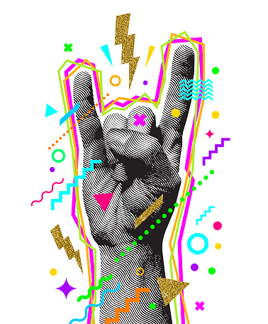 Rock'n'roll or Heavy Metal hand sign. Engraved style hand and multicolored abstract elements. Vector illustration.