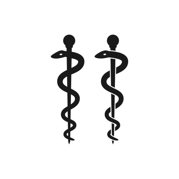 Rod of Asclepius pharmacy black vector icon Rod of Asclepius pharmacy black vector icon. Health or medicine symbol snake. Caduceus stock illustrations