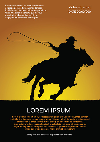 Rodeo competition tournament, sunset background. Vector poster cowboy and lasso on the horse