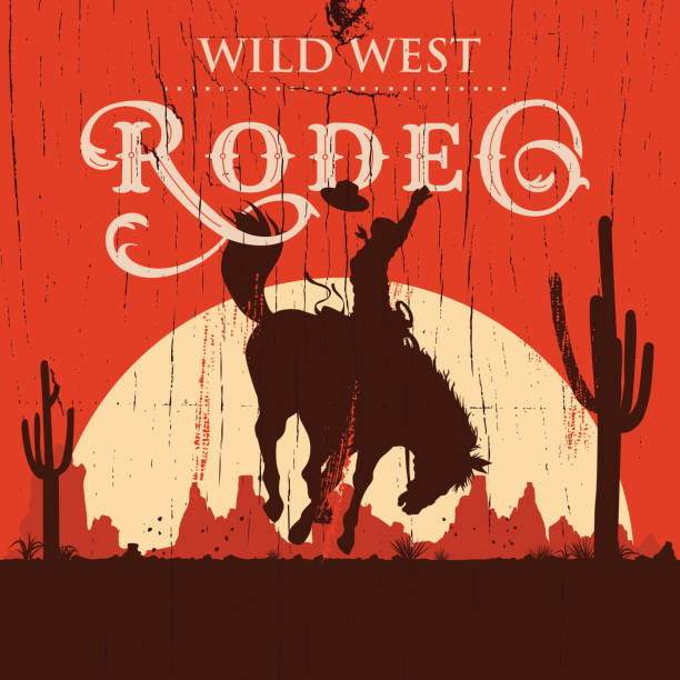 bildbanksillustrationer, clip art samt tecknat material och ikoner med rodeo cowboy ridning wild häst på en träskylt, vektor - cowboy horse