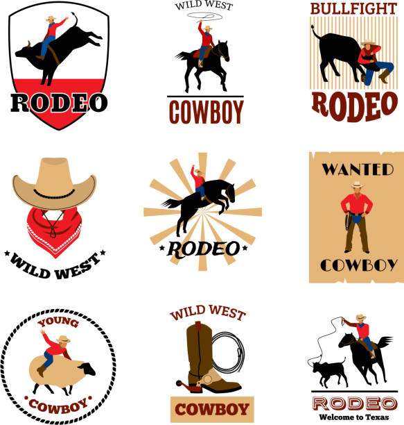 rodeo emblems Cowboy rodeo games from mustang riding and bullfighting to lasso usage flat emblems set isolated vector illustration texas shooting stock illustrations