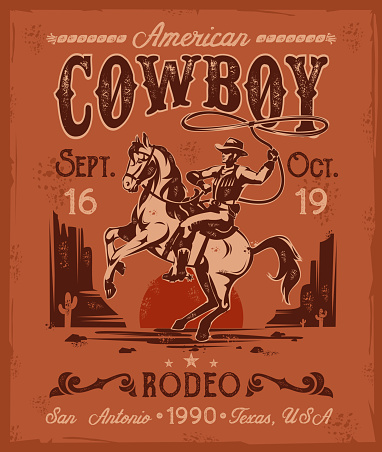 Vector illustration rodeo poster with a cowboy sitting on a rearing horse in retro style