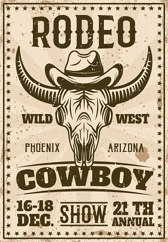 Rodeo show vintage poster with buffalo skull in cowboy hat vector illustration. Layered, separate grunge texture and text