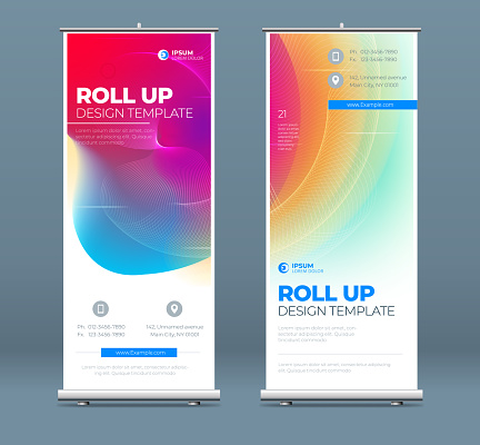 Roll Up banner stand presentation concept. Corporate business roll up template background. Vertical template billboard, banner stand or flag design layout. Poster for conference, forum, shop