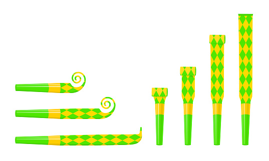 Rolled and unrolled party blowers, horns, noise makers. Green and yellow sound whistles with rhombus pattern isolated on white background. Side and top view. Vector cartoon illustration