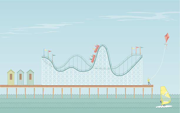 Rollercoaster Boardwalk An illustrated scene of boardwalk on a bright day with rollercoaster and people having fun at the seaside. Each element of the scene is on a separate layer and can be easily edited. boardwalk stock illustrations