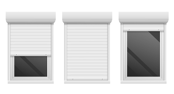Rolling shutters. Realistic facade roller blind, window metal frame. 3D open and close white jalousie mockup. Vector home and office exterior furniture template for privacy or safety