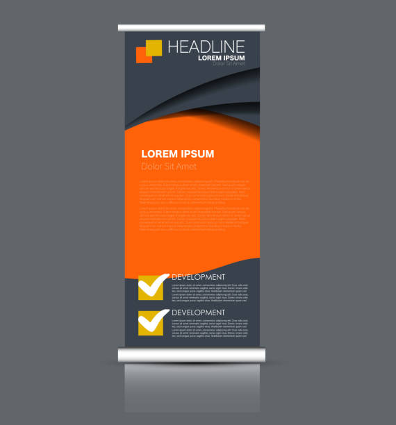 Rollup vertical banner stand template. Abstract background concept for business, education, presentation, advertisement. Editable vector illustration. Rollup vertical banner stand template. Abstract background concept for business, education, presentation, advertisement. Editable vector illustration. Orange color. rolling stock illustrations