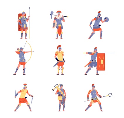 Roman army. Ancient rome, war battle legion warrior. Isolated cartoon antique people in helmet costumes, flat empire army vector characters