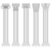 Roman column set, Greek pillar Ancient architecture, Greece Antique Doric, Ionic, Corinthian columns. Vector