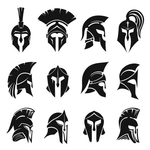 Roman gladiator helmet or ancient headgear set Roman gladiator helmet set. Collection of black silhouettes of ancient headgear of Spartan warriors or soldiers isolated on white background. Front and side views. Flat monochrome vector illustration. armored clothing stock illustrations